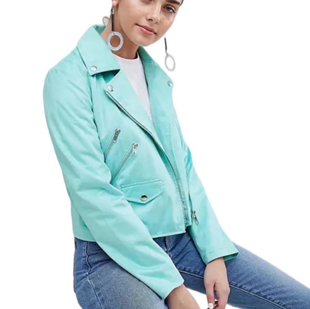 ASOS DESIGN Ultimate Faux Suede Cropped Moto Biker Jacket in Mint Green Size 16